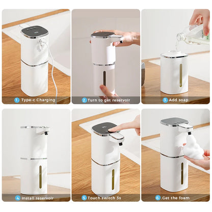 White automatic induction hand sanitizer dispenser with 400ml capacity, rechargeable foam soap dispenser for bathroom hand washing