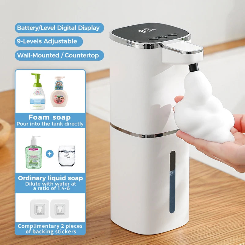 White induction automatic hand sanitizer dispenser with foam soap, 400ml capacity, rechargeable bathroom hand washing machine.