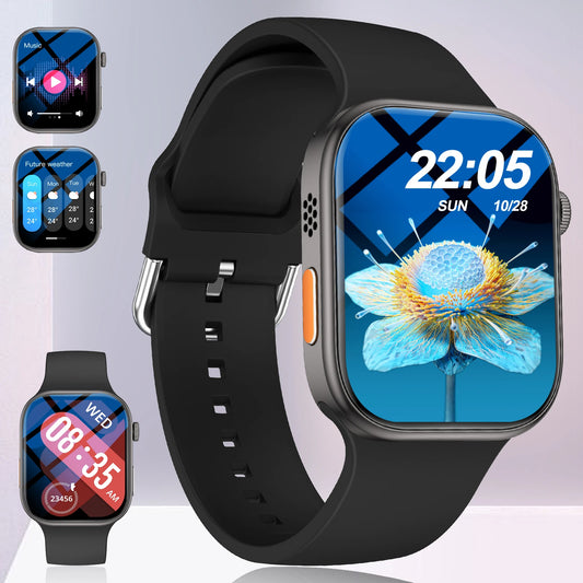 Black BackupMyFilesNow.com smart watch with 2.02-inch HD display, wireless calling, fitness tracking, message notifications, and music control.