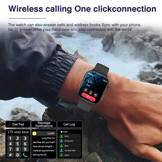 Black BackupMyFilesNow.com smart watch with 2.02-inch HD display, wireless calling, fitness tracking, and message notifications.
