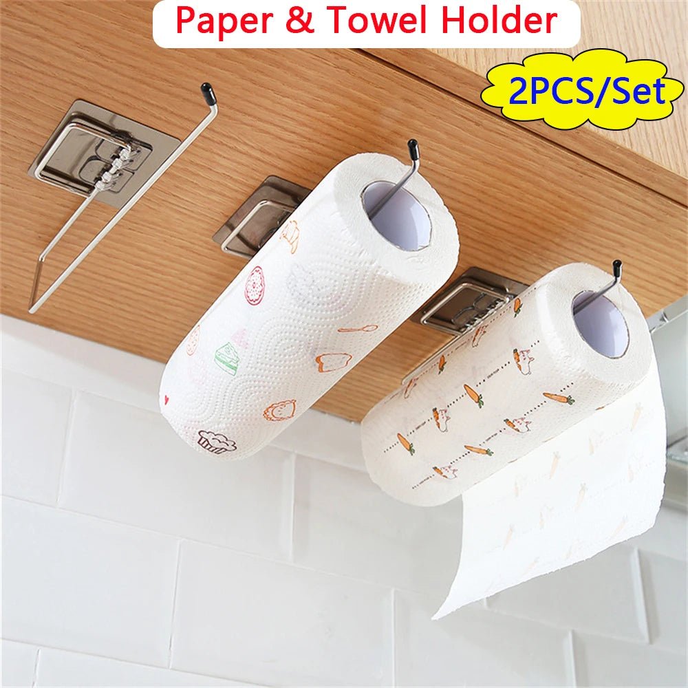 Set of two BACKUPMYFILESNOW.COM kitchen paper towel holders with adhesive design, wall-mounted tissue dispensers and towel hangers.