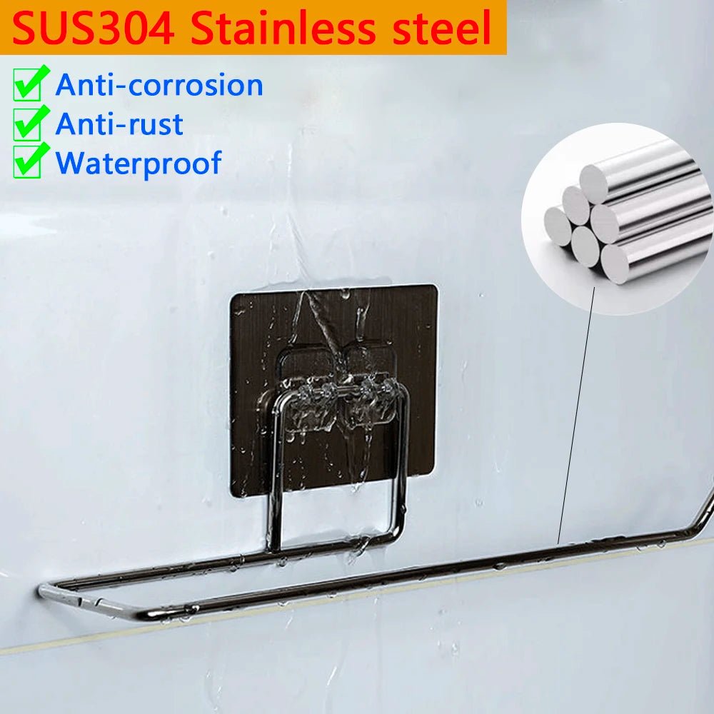 Two adhesive kitchen paper towel holders with toilet paper racks and towel hangers, ideal for cabinet storage.