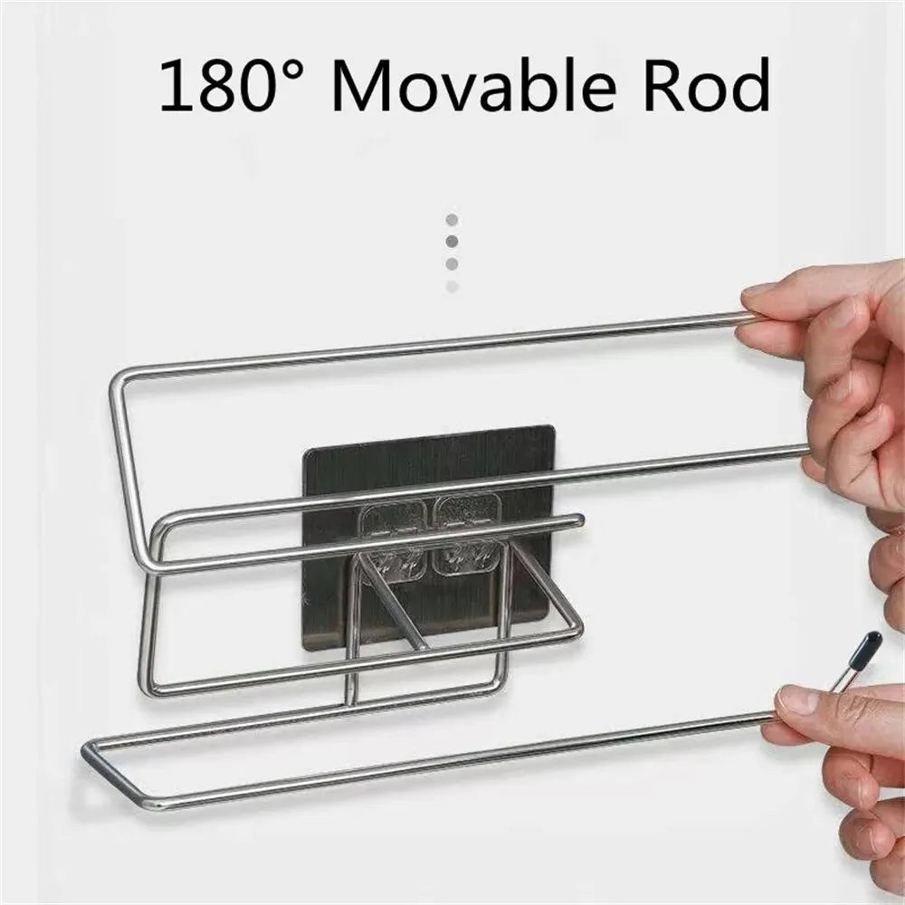Two adhesive kitchen paper towel holders and toilet paper racks from BACKUPMYFILESNOW.COM® with towel hangers and tissue dispensers.