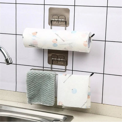Two adhesive kitchen paper towel holder racks, wall-mounted tissue dispensers for toilet paper and napkins in a home kitchen.