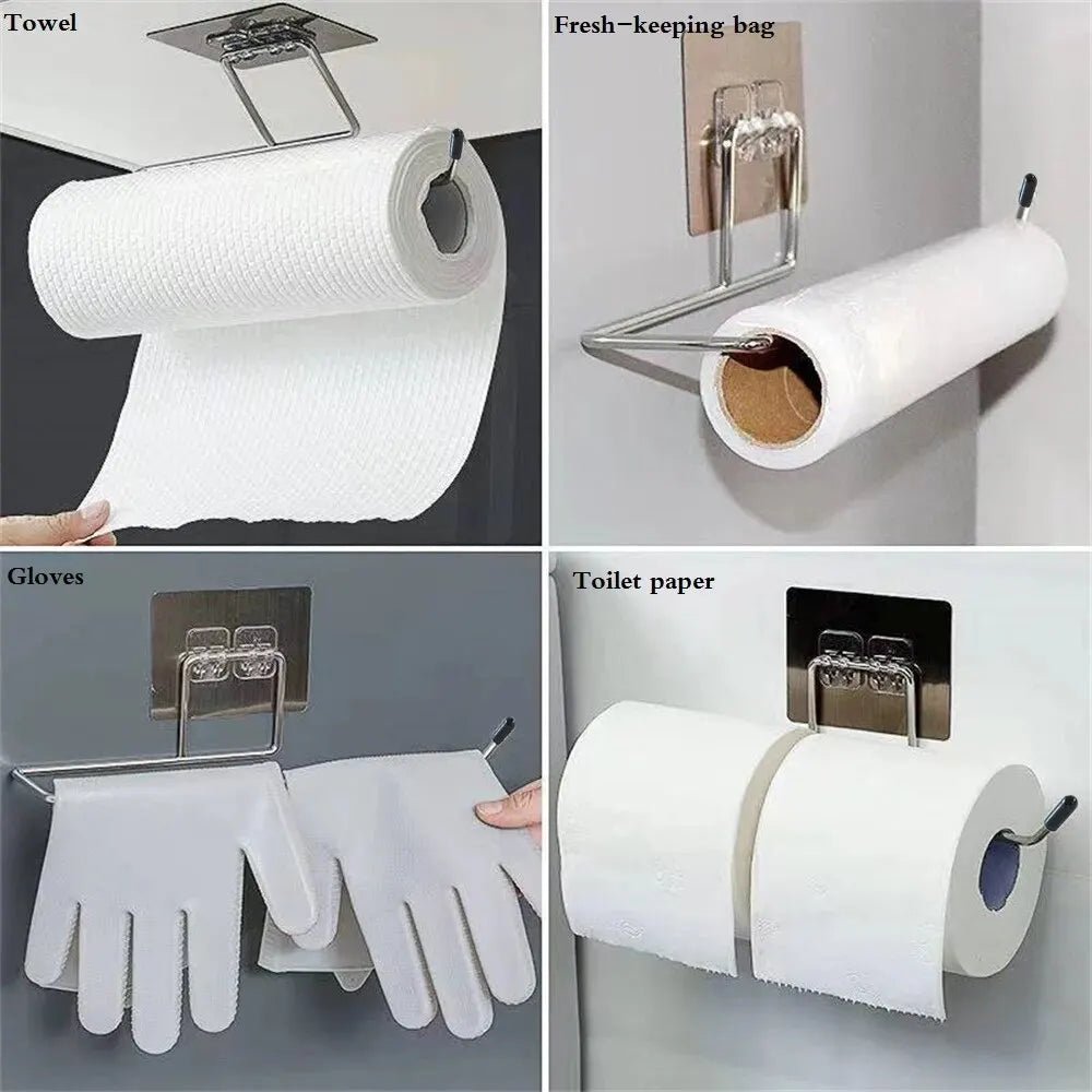 Two adhesive kitchen paper towel holders and toilet paper racks by BACKUPMYFILESNOW.COM® for bathroom or kitchen storage.