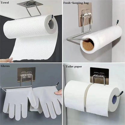 Two adhesive kitchen paper towel holders and toilet paper racks by BACKUPMYFILESNOW.COM® for bathroom or kitchen storage.