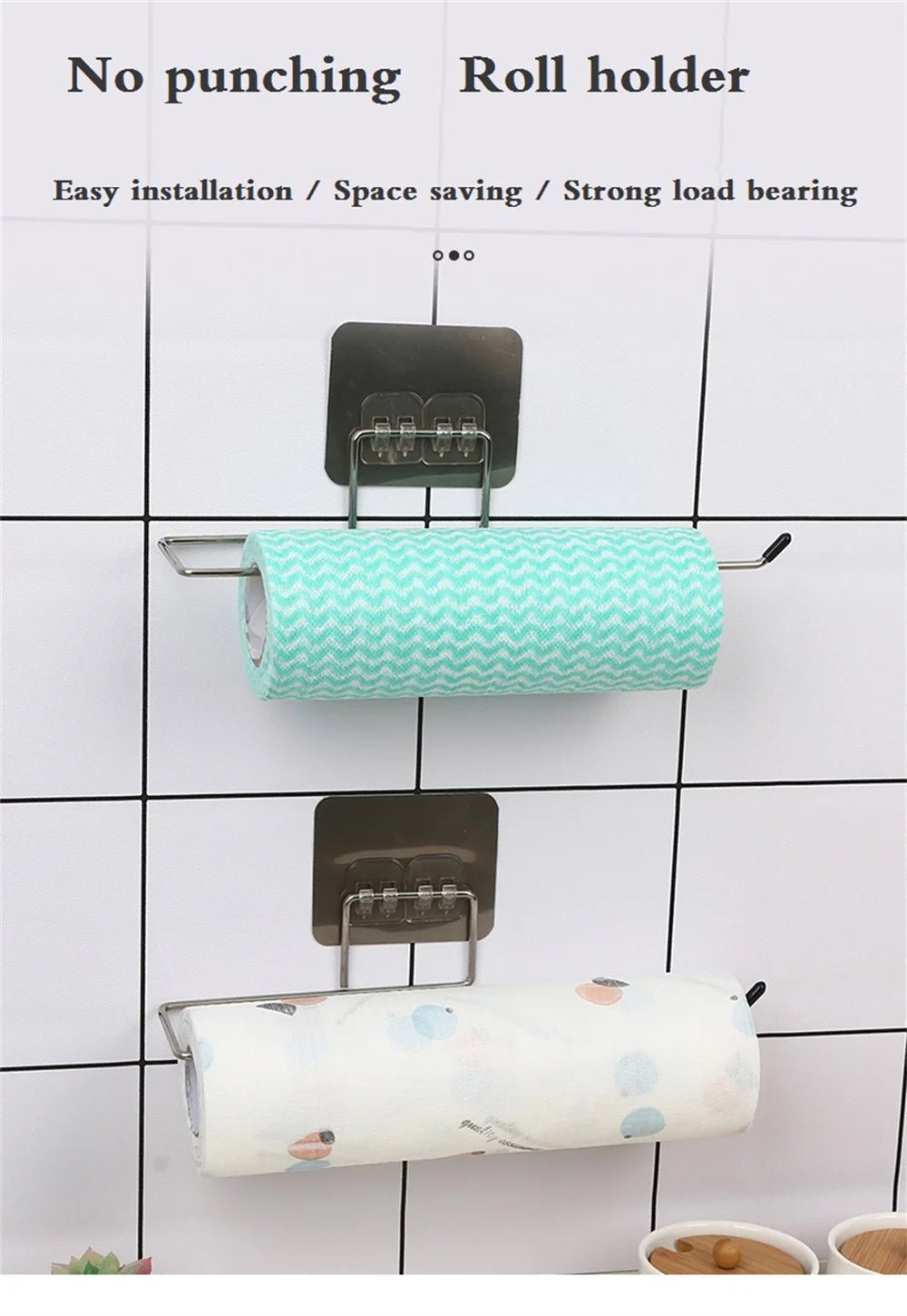 Two adhesive kitchen paper towel holders and toilet paper racks from BACKUPMYFILESNOW.COM® for cabinet storage and tissue dispensing.