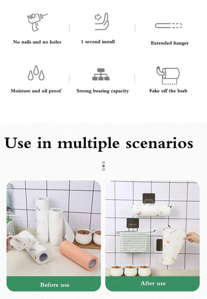 Set of two adhesive kitchen paper towel and toilet paper holders with towel hangers and tissue dispensers for cabinet storage.