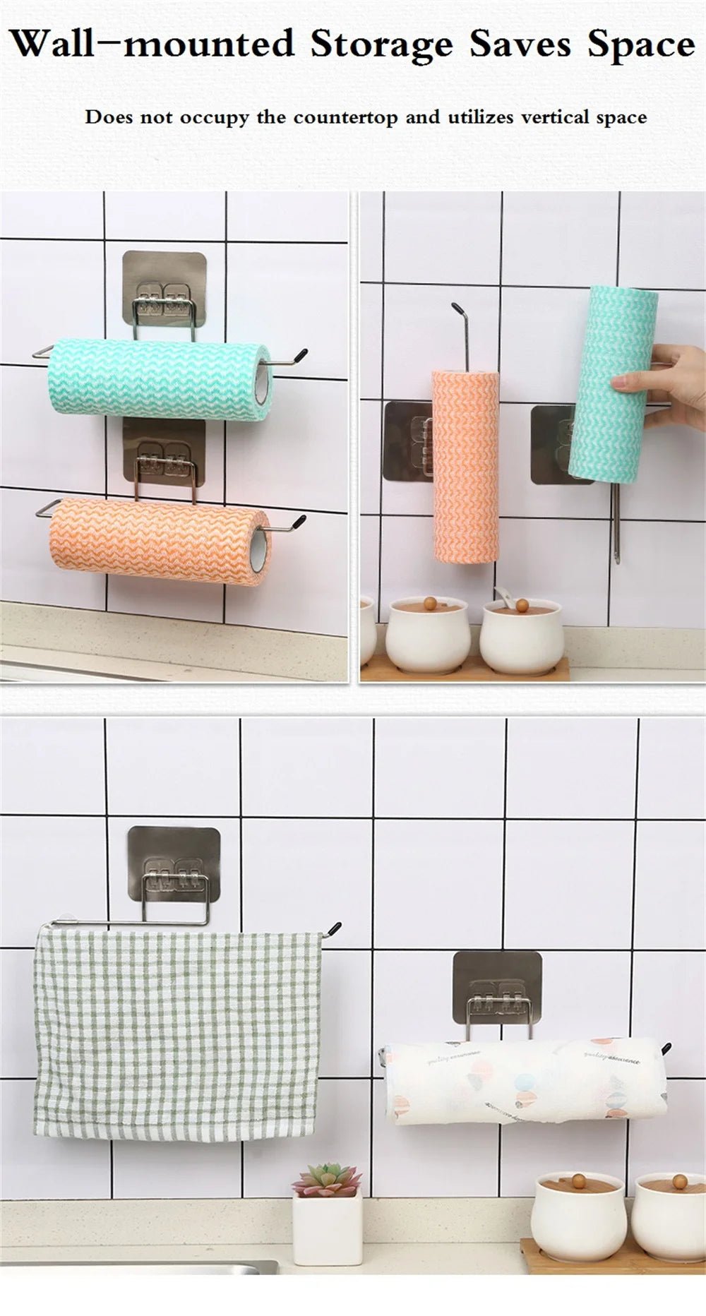 Two adhesive kitchen paper towel holders and toilet paper racks from BACKUPMYFILESNOW.COM®, mounted on a cabinet for tissue and napkin storage.