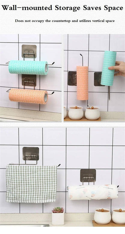 Two adhesive kitchen paper towel holders and toilet paper racks from BACKUPMYFILESNOW.COM®, mounted on a cabinet for tissue and napkin storage.