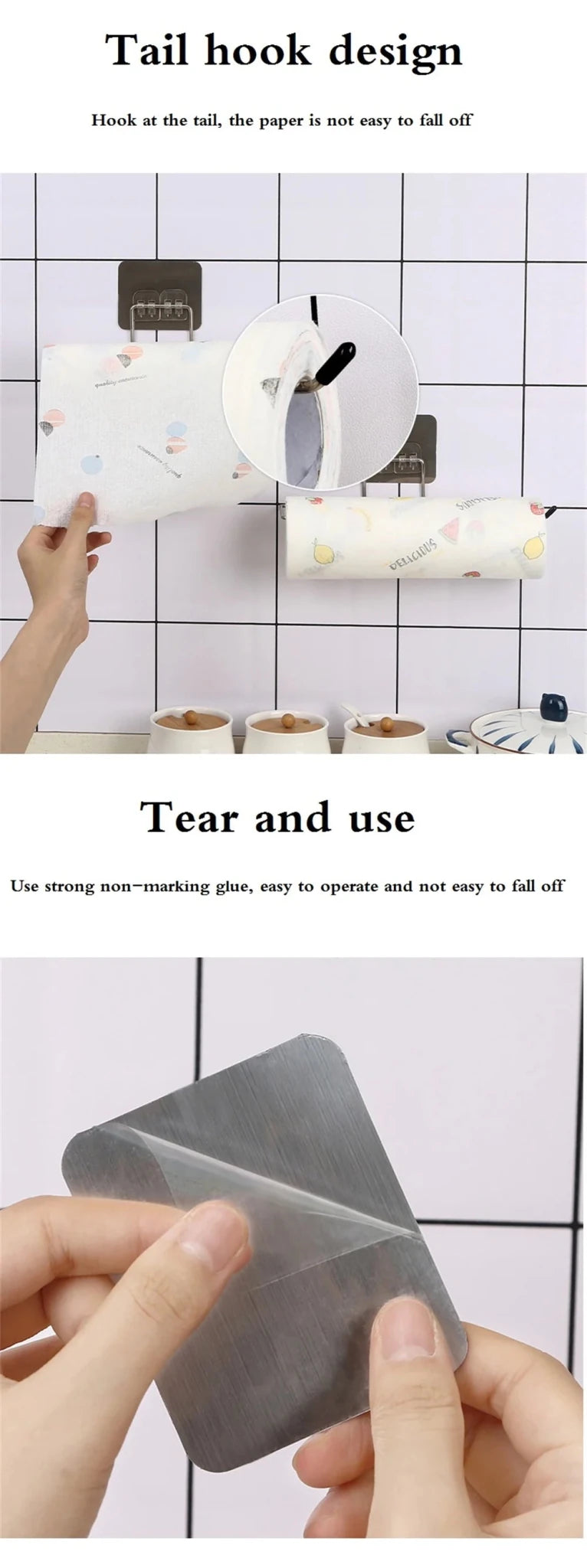 Two adhesive kitchen paper towel holders with toilet paper racks and towel hangers for cabinet storage, by BACKUPMYFILESNOW.COM®.