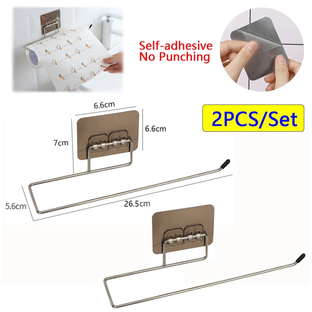 Set of 2 adhesive kitchen paper towel and toilet paper holders with towel hangers and tissue dispensers, mounted on a cabinet.