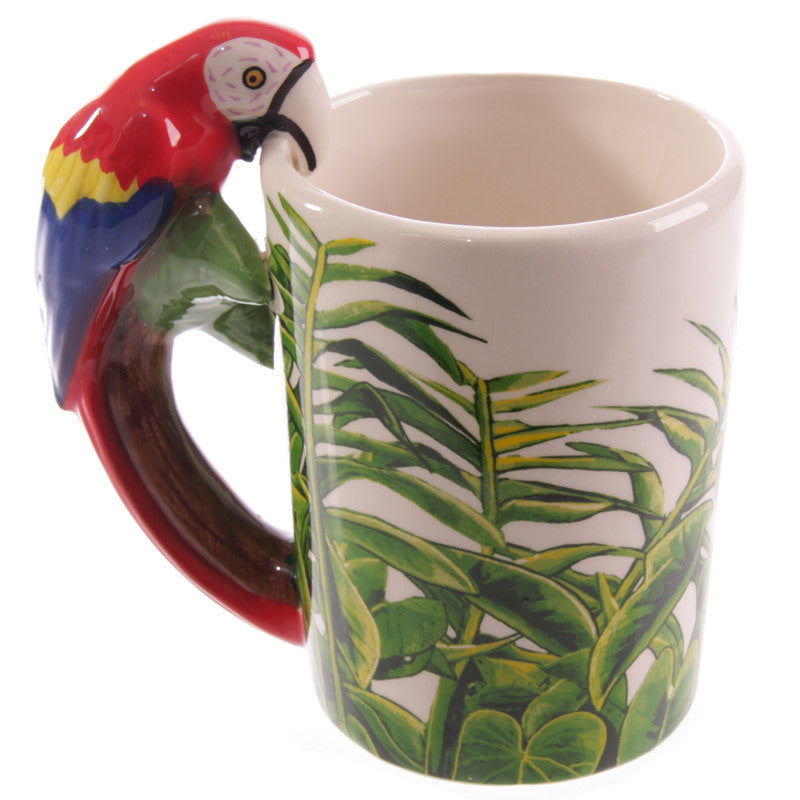 Parrot coffee mug with a unique design, featuring a colorful parrot illustration on a ceramic coffee cup by BACKUPMYFILESNOW.COM®.