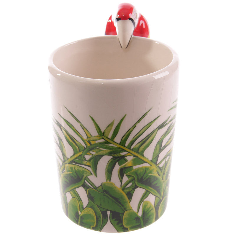 Parrot coffee mug with unique design, ceramic cup featuring colorful parrot illustration, ideal for coffee and tea.