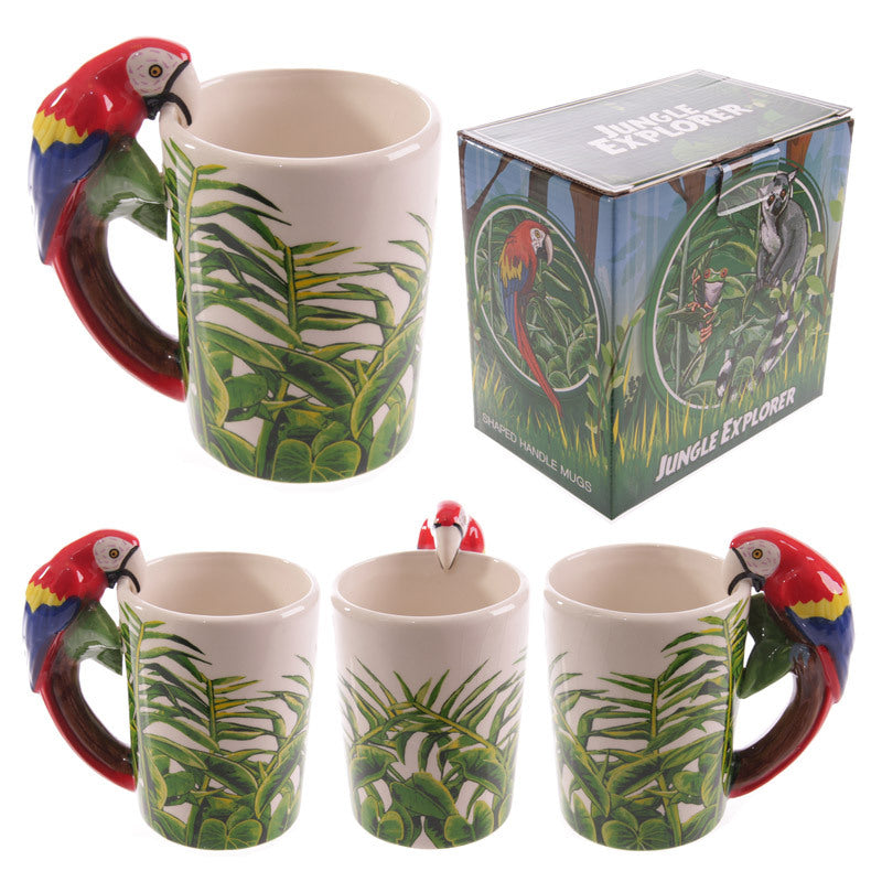 Parrot coffee mug by BACKUPMYFILESNOW.COM® featuring a unique colorful parrot design on ceramic coffee cup.