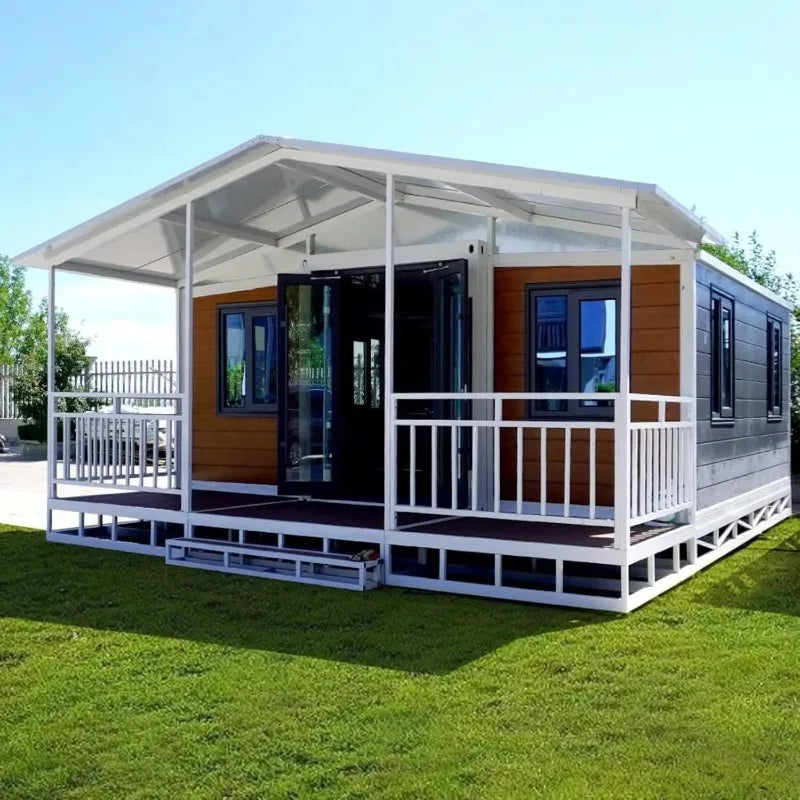 Modular prefab container house by BACKUPMYFILESNOW.COM® showing a 20ft foldable tiny home for resort camping and expandable living.