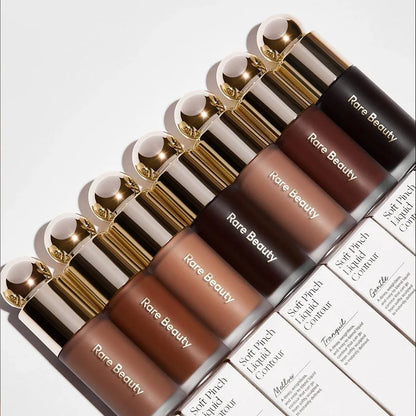 Rare Beauty 3D Face Contour Bronze Stick, natural contour, smooth finish, moisturizing concealer, glossy lipstick makeup look.