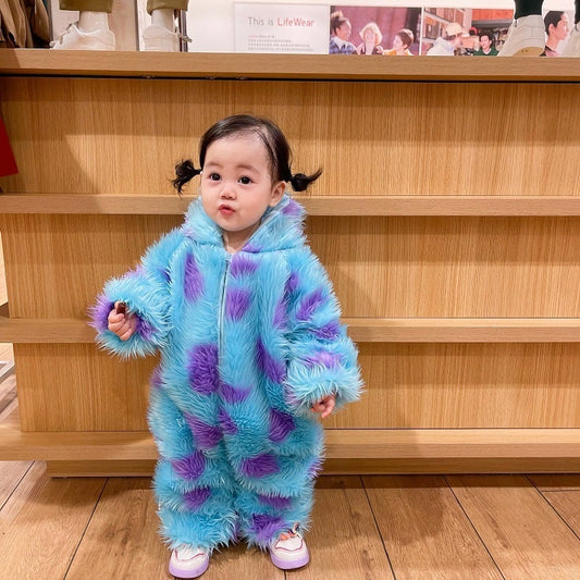 Cute animal-themed baby jumpsuit with hood and zipper, featuring soft fabric and colorful design for infants.