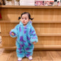 Cute animal baby jumpsuit with hood and zipper, featuring a playful design, suitable for newborns and toddlers.