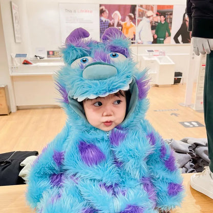 Cute animal baby jumpsuit with hood and zipper, featuring colorful animal print, designed for infants for comfort and adorable style.
