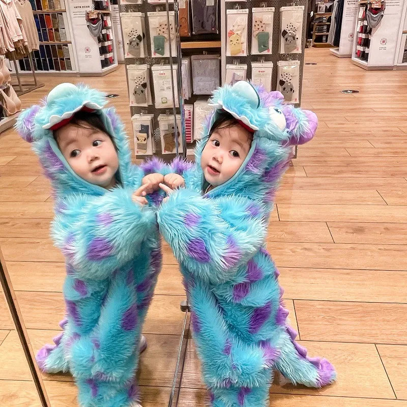 Cute animal baby jumpsuit with hood and zipper in colorful fabric, designed for comfort and adorable style for infants.