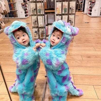 Cute animal baby jumpsuit with hood and zipper in colorful fabric, designed for comfort and adorable style for infants.