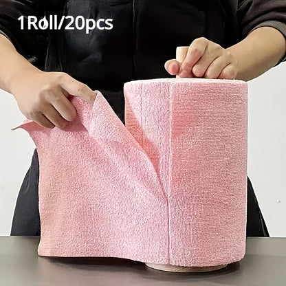 Pink microfiber cleaning cloths from BackupMyFilesNow.com, 1 roll of 20 reusable kitchen towels with multi-sided household cloths.