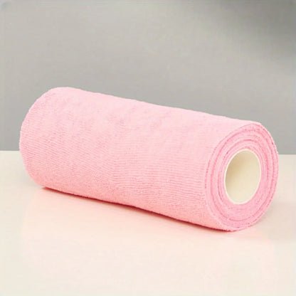 Pink microfiber cleaning cloths on a roll, 20 reusable kitchen towels with multi-sided design for household cleaning tasks.