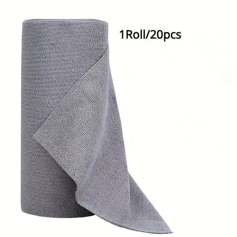 Pink microfiber cleaning cloths on a roll, 20 reusable kitchen towels, multi-sided household cloths for versatile cleaning.