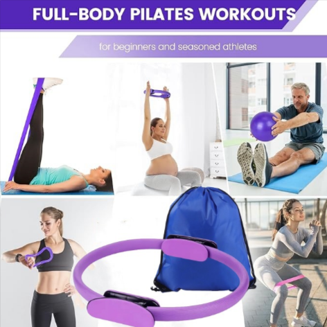 Pink 13-piece yoga and Pilates set by BackupMyFilesNow.com with mats, blocks, straps, and accessories for fitness and flexibility.