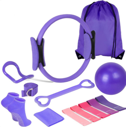 Pink 13-piece Yoga & Pilates set by BackupMyFilesNow.com with mats, blocks, and straps for workout and stretching exercises.