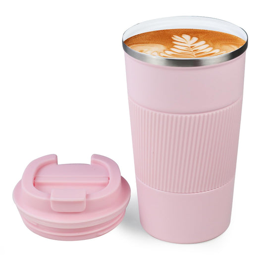 Pink 18oz double insulated ceramic-coated coffee mug with lid, ideal for travel, office, or school use.