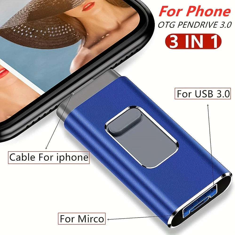 Pink 256GB iPhone flash drive with 128GB USB 3.0 micro memory stick, compatible with Android and mobile phones.