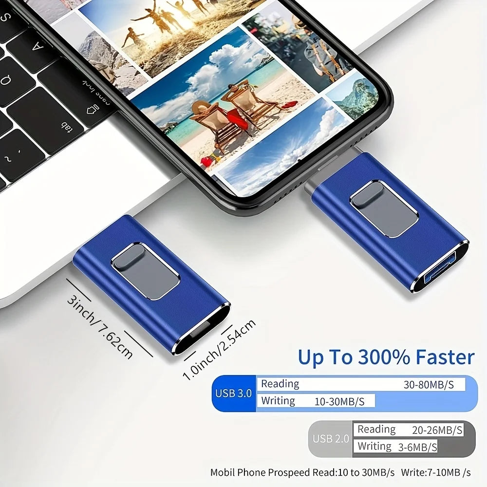 Pink 256GB iPhone and Android-compatible 3.0 USB flash drive with micro memory, suitable for mobile phones and photo storage.