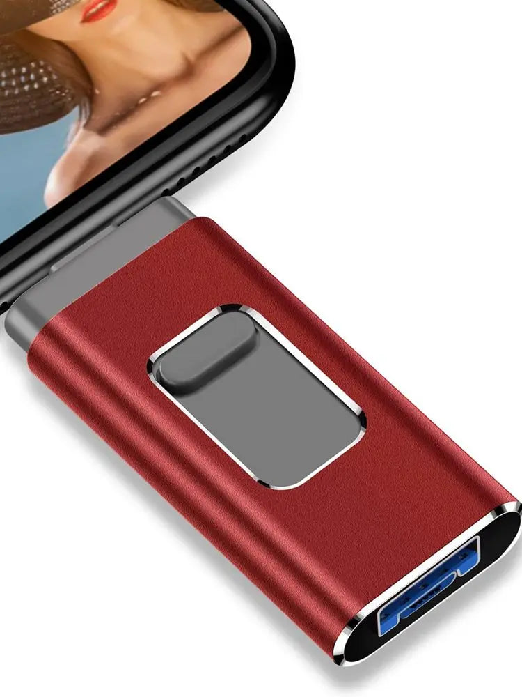 Pink 256GB iPhone flash drive with 128GB and 256GB options, USB 3.0, 3-in-1 micro memory stick for Android and mobile phones.