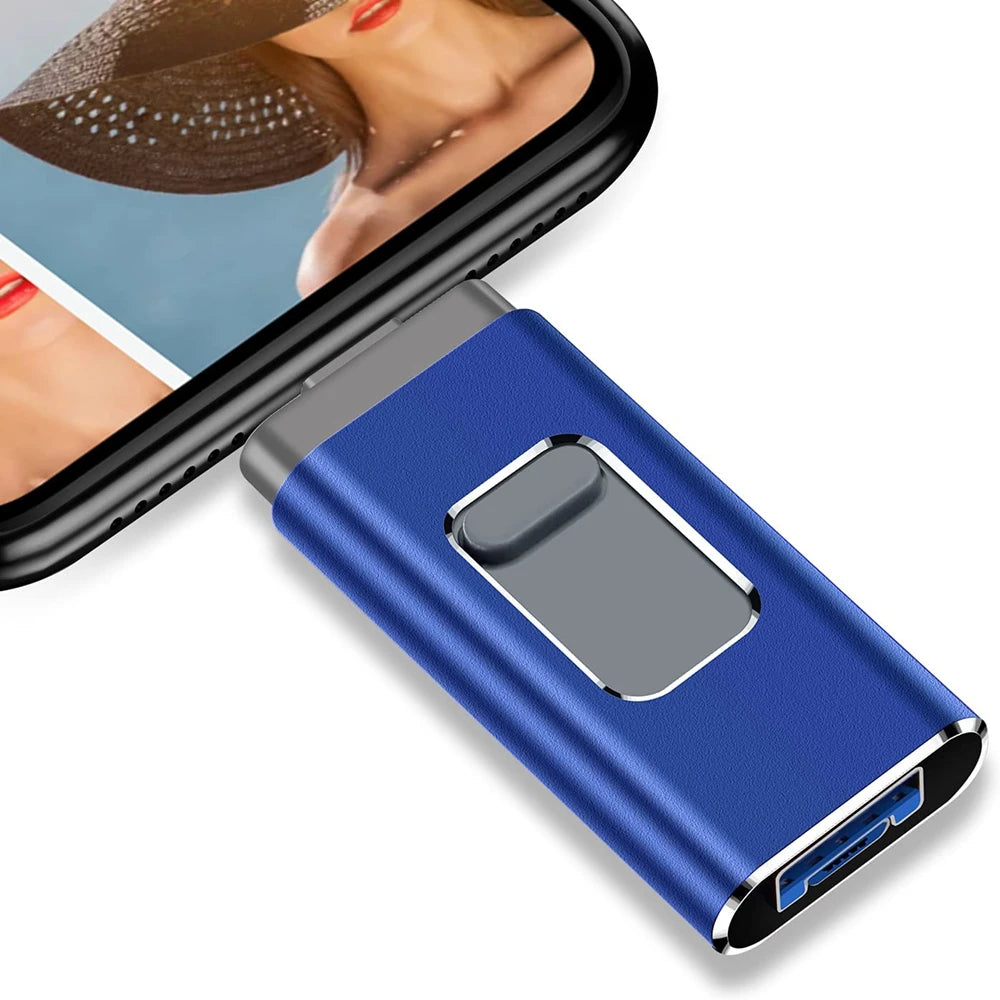 Pink BackupMyFilesNow.com 256GB USB 3.0 iPhone flash drive with 3-in-1 micro memory stick for Android and mobile phones.