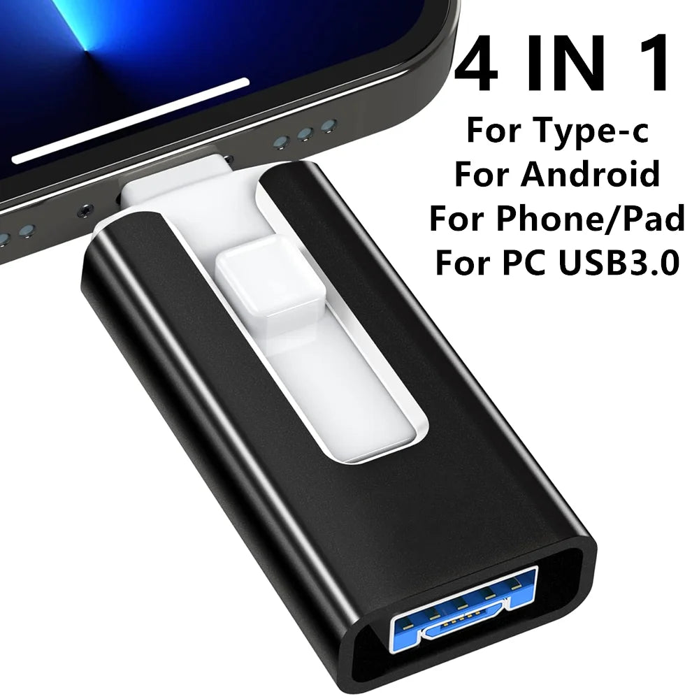 Pink BackupMyFilesNow 32GB USB 3.0 4-in-1 flash drive for iPhone, iPad, Android, with external storage options.