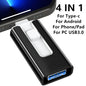 Pink BackupMyFilesNow 32GB USB 3.0 4-in-1 flash drive for iPhone, iPad, Android, with external storage options.