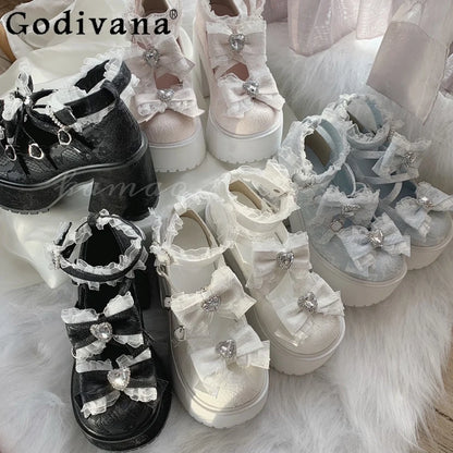Pink Japanese-style Mine Lolita high heels with bows, platform design, Mary Jane straps for women’s spring and summer fashion.
