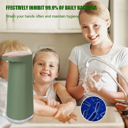 Pink 450ml foam liquid soap dispenser by BackupMyFilesNow.com, touchless, USB rechargeable, portable automatic foaming for bathroom or kitchen