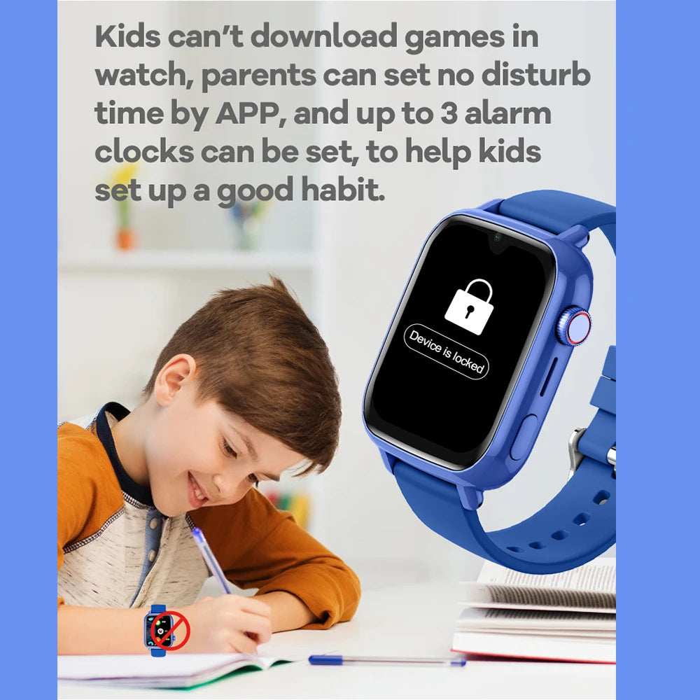 Pink 4G kids smartwatch with GPS, camera, video call, SOS, and tracker features, designed for child safety and communication.