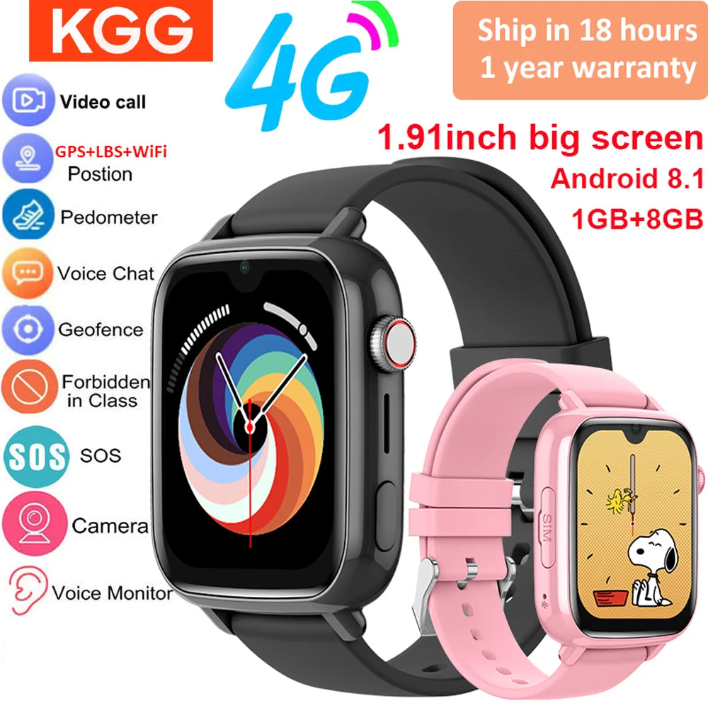 Pink 4G kids smartwatch with GPS, WiFi, video call, SOS, camera, and tracker features for children’s safety and communication.