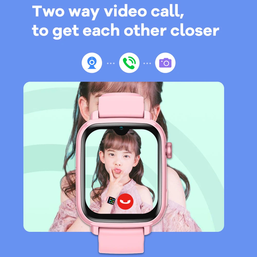 Pink 4G kids' smartwatch with GPS, WiFi, camera, video calls, SOS, and tracking features for child safety and communication.