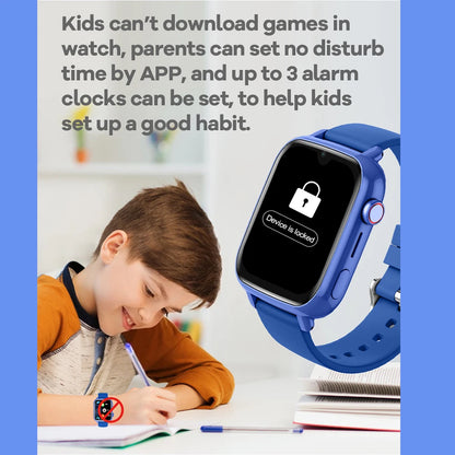 Pink 4G kids' smartwatch with GPS, camera, video call, SOS, and tracker features for child safety and communication.