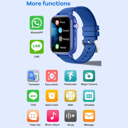 Pink 4G kids' smartwatch with GPS, Wi-Fi, camera, video call, SOS, and tracker features for child safety and communication.