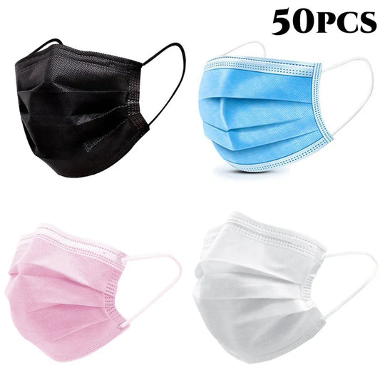 50-pack disposable face masks with earloops in pink, blue, black, and white, featuring 3-layer meltblown non-woven breathable fabric.