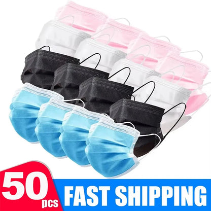 50pcs disposable face masks with earloops in pink, blue, black, and white, featuring 3-layer meltblown non-woven breathable fabric.