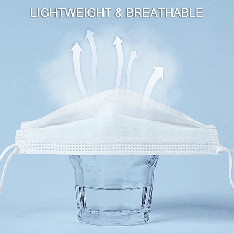 50-pack disposable face masks featuring earloops in pink, blue, black, and white with 3-layer meltblown non-woven breathable fabric.
