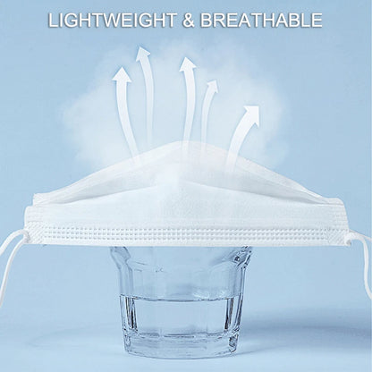 50-pack disposable face masks featuring earloops in pink, blue, black, and white with 3-layer meltblown non-woven breathable fabric.