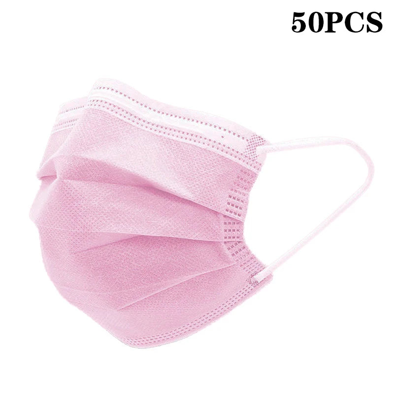 50pcs disposable pink, blue, black, and white face masks with earloops, 3-layer meltblown non-woven breathable fabric.